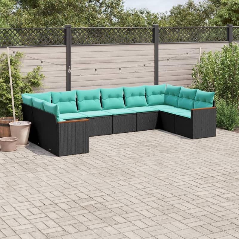 vidaXL 10 Piece Patio Sofa Set with Cushions Black Poly Rattan - 24.4x27.2x24.4 - Without table