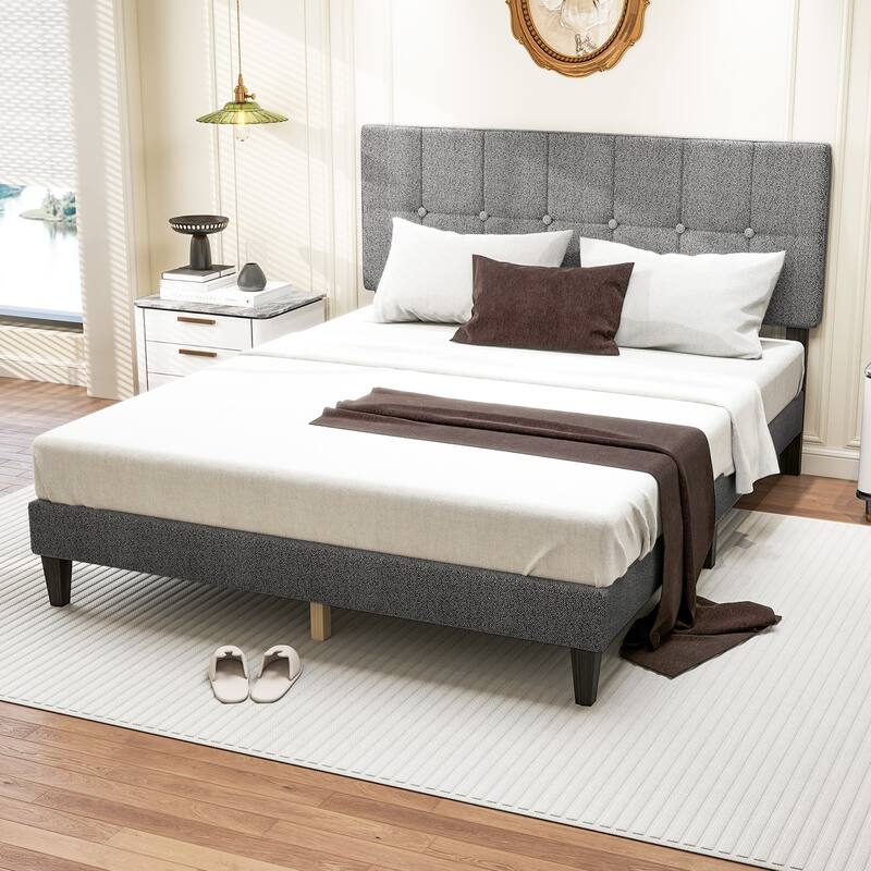Full Bed Frame with Adjustable Headboard, No Box Spring Needed, Linen Upholstered Platform Bed Frame with Wood Slats Support
