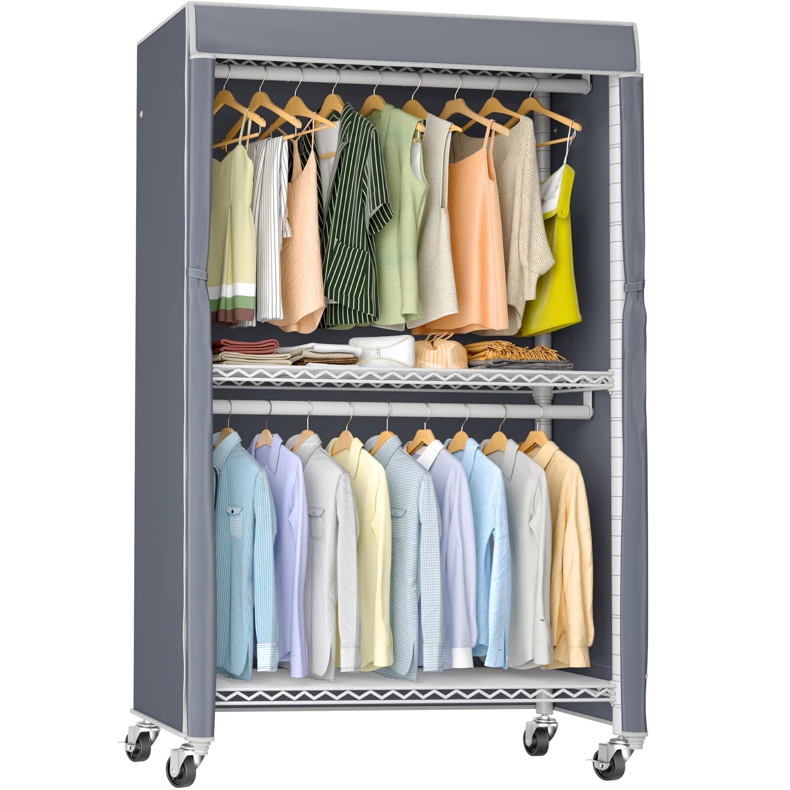 Heavy Duty Rolling Garment Rack with Cover Adjustable Clothing Rack for Hanging Clothes Portable Closets with Double Rods Bed Bath Beyond 38208531