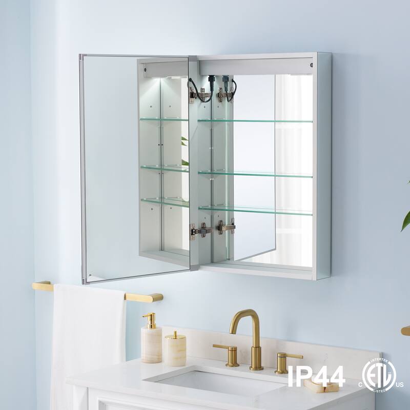 30" H Recessed or Surface LED Mirror Cabinet with Adjustable Glass Shelves,Defogger, Dimmer And Outlets & USB Ports