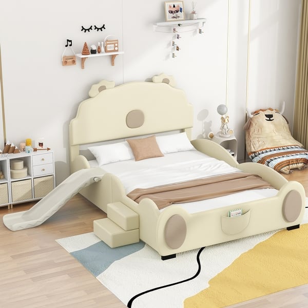 slide 2 of 13, Full Size Cute Upholstered Bed Platform Bed, Cartoon Theme NO LED/ Beige - Full
