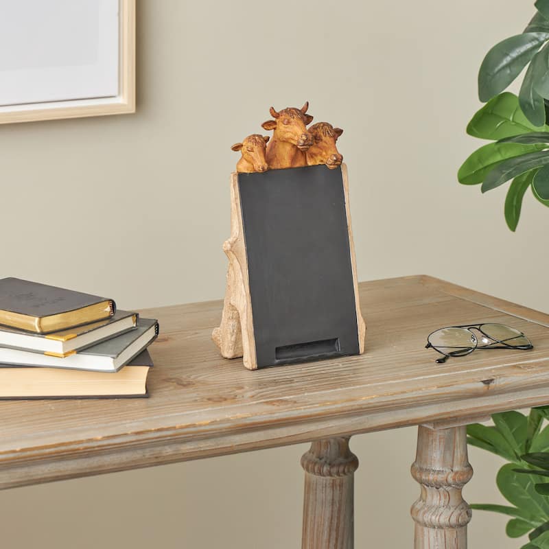 Polystone Cow Chalkboard Decorative Sign with Brown Tree Trunk Frame - Black - Roche River Decor