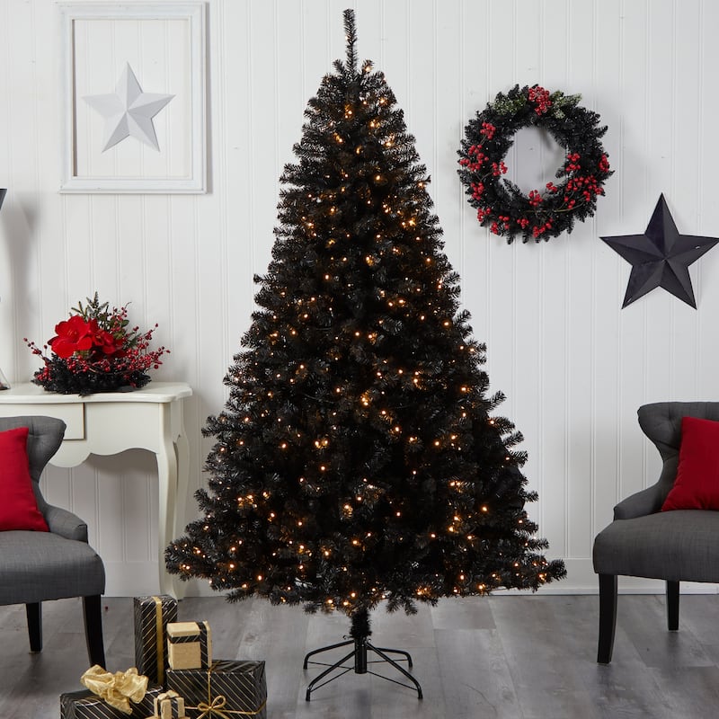 7ft Black Christmas Tree Pre-Lit - Artificial Holiday Tree with Clear Lights & Bendable Branches - 84