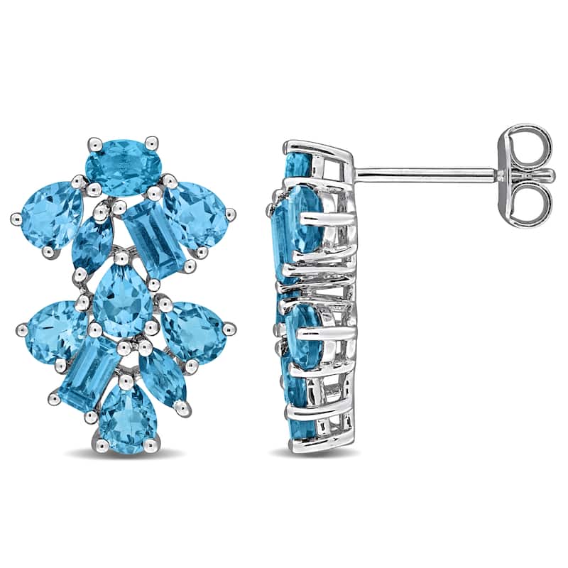 Miadora Multi-Gem Double Floral Drop Earrings Sterling Silver - Blue