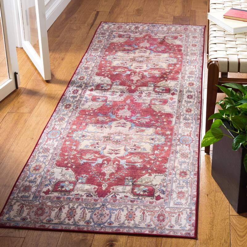 SAFAVIEH Tucson Machine Washable Slip Resistant Salome Oriental Medallion - 2' 6" x 18' - Red/Beige