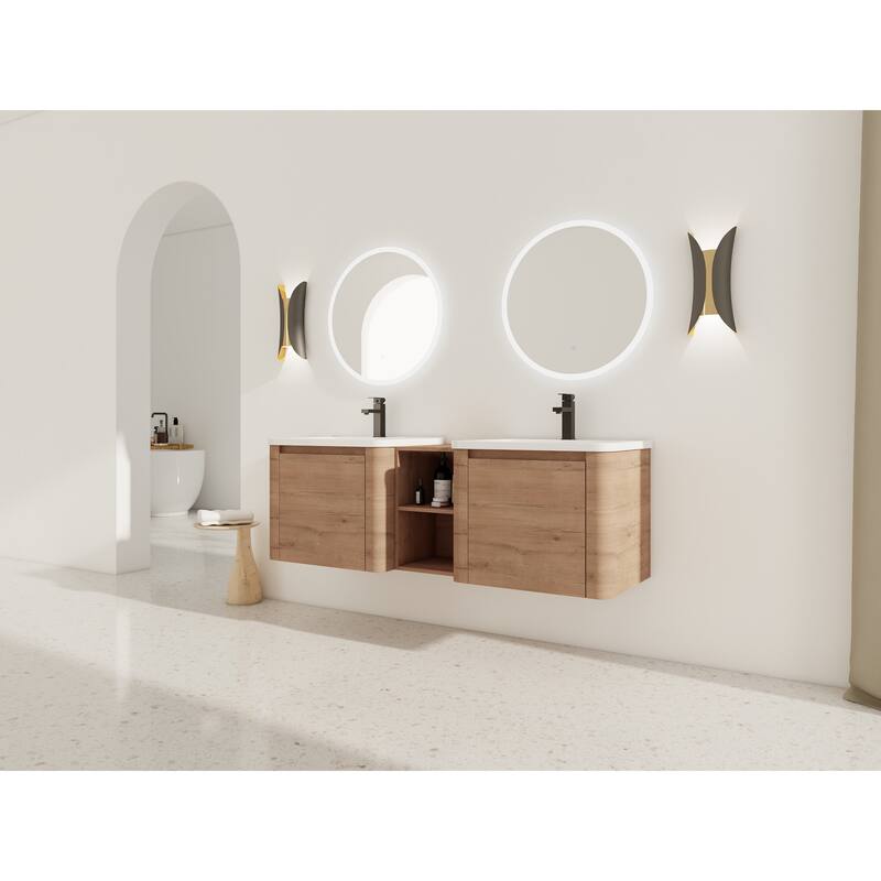 60'' Wall-Mounted Bathroom Vanity with White Ceramic Sink and Storage Shelves & 1-Soft-Close Door, KD-Packing, Plywood