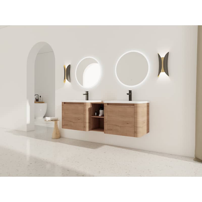 Wall-Mounted Bathroom Vanity with Ceramic Sink and Storage Shelves