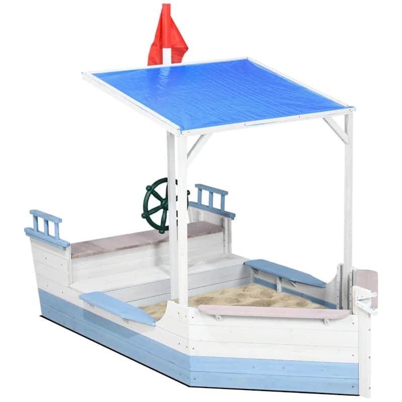 Outdoor Kids Sandbox with Canopy Seats and Fabric Liner for Ages 3 to 7 Years - 82.75" L x 43.25" W x 62.5" H
