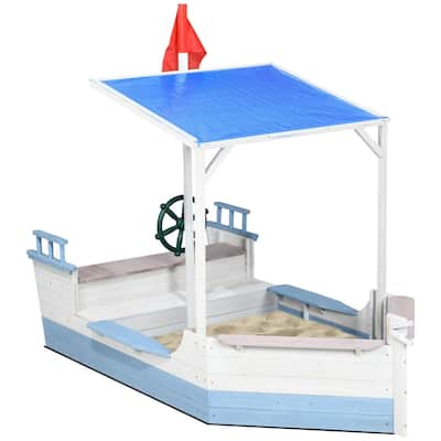 Outdoor Kids Sandbox with Canopy Seats and Fabric Liner for Ages 3 to 7 Years - 82.75" L x 43.25" W x 62.5" H
