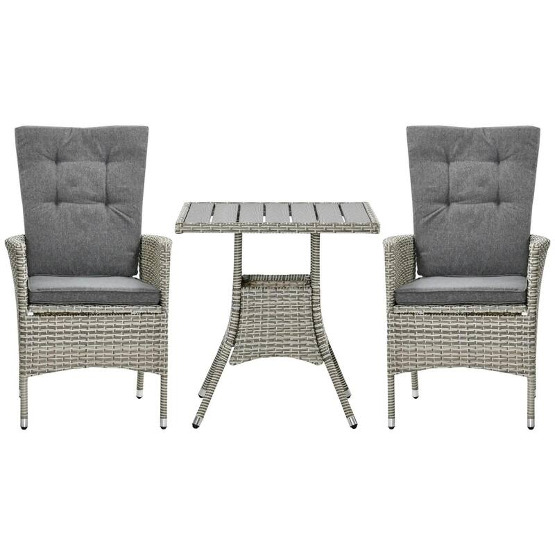 3-Piece PE Wicker Set, Tufted Reclining Chairs, Coffee Table, Outdoor