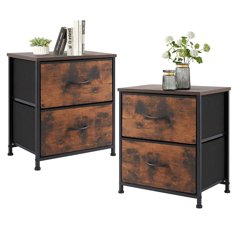 2-Fabric Drawer Nightstand Small Dresser Bedroom End Table for Closet, Entryway (2 Pack) - Rustic Brown