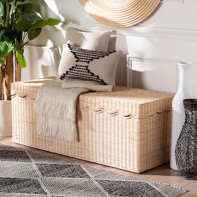 Damita Scallop Natural Rattan Chest with Lift-top - Coastal Boho Style Storage Bench for Bedroom, Entryway, or Living Room