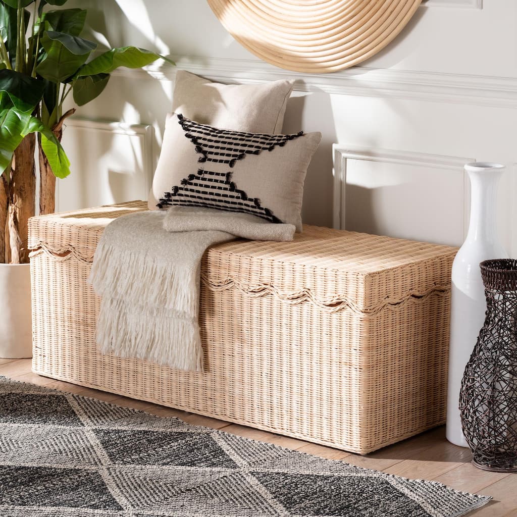 Damita Scallop Natural Rattan Chest with Lift-top - Coastal Boho Style Storage Bench for Bedroom, Entryway, or Living Room