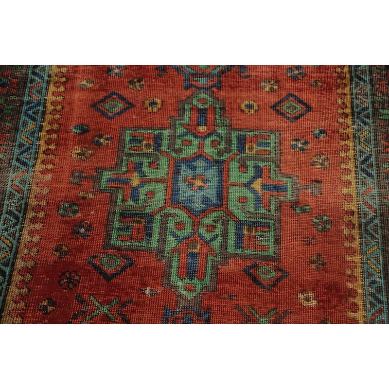 Hand Knotted Oriental 100% Wool Carpet Traditional Geometric Oranges & Rust Heriz Runner Rug - 10' 1'' X 3' 5''