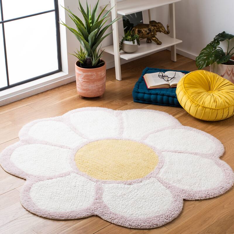 SAFAVIEH Vermont Machine Washable Handmade Lutie Wool Rug - 4' Round - Ivory/Light Pink
