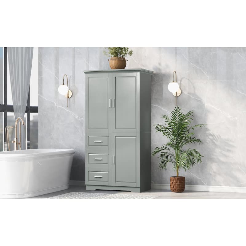 3 Doors 3 Drawer Bathroom Cabinet, Wooden Bathroom Towel Cabinet Large 62-inch Storage Cabinet Bathroom Organizer Cabinet