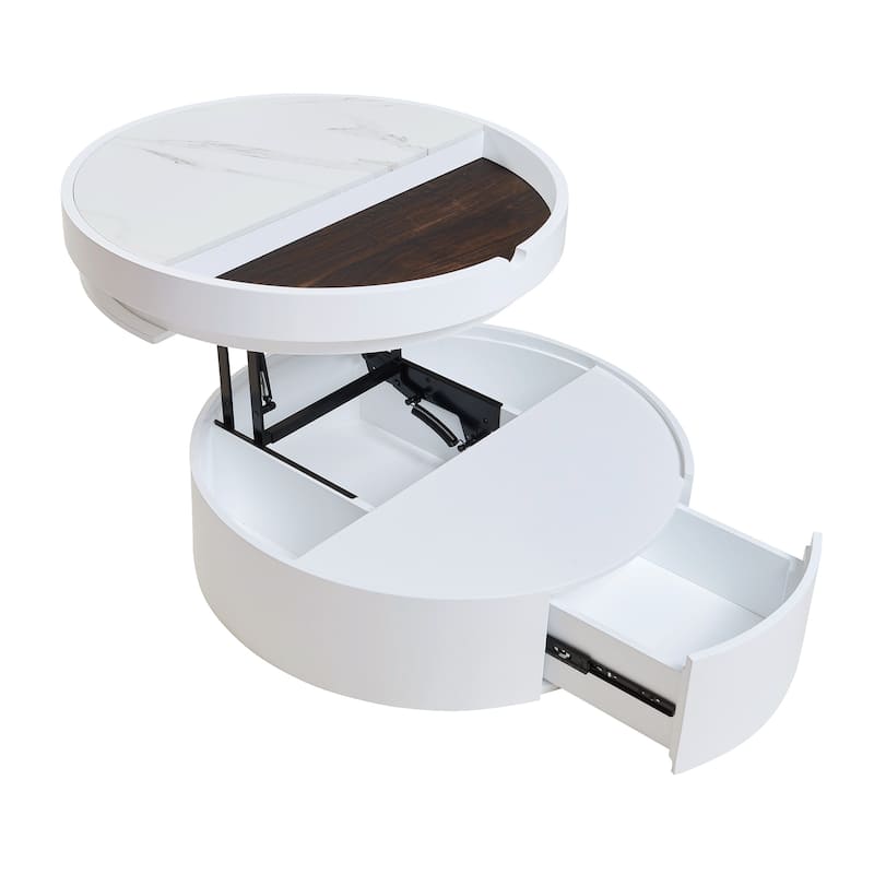 White Round Lift Coffee Table with 1 Drawer in 29.5", Marble and Wood Grain Tabletop