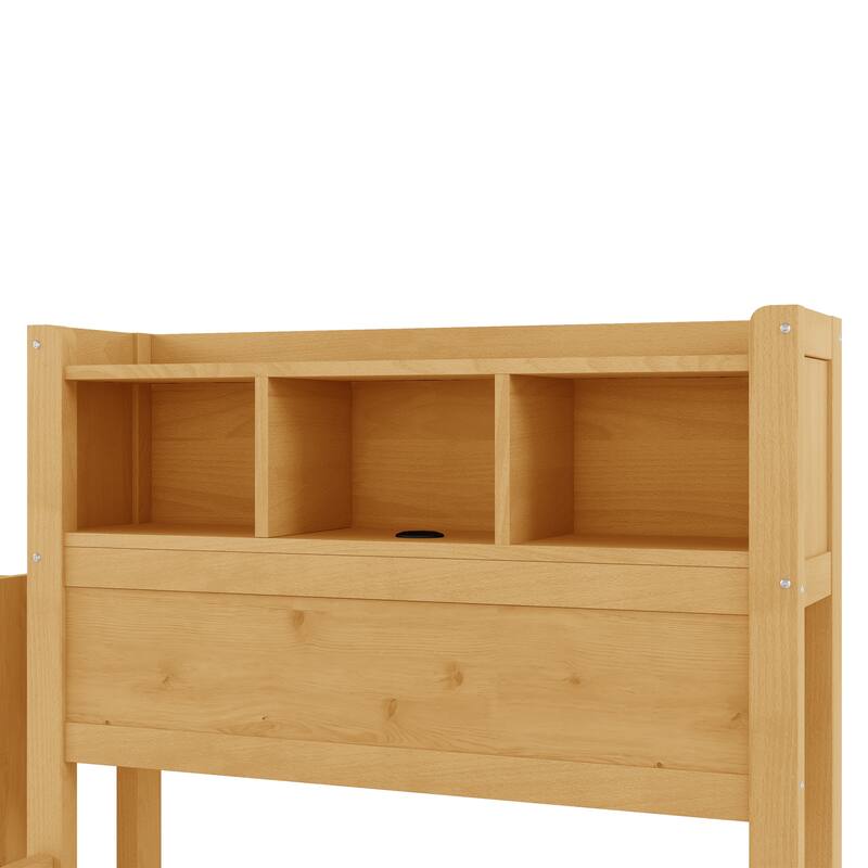 Roomfitters Twin/Full Platform Bed, LED Bookcase Headboard and Pull Out Storage Drawers with Wooden Frame for Bedrooms