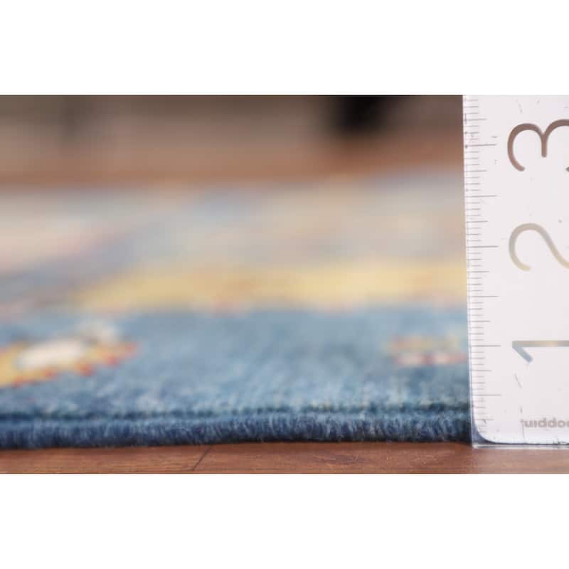 Blue Geometric Kazak Area Rug Hand-Knotted Wool Carpet - 4'2" x 5'11"