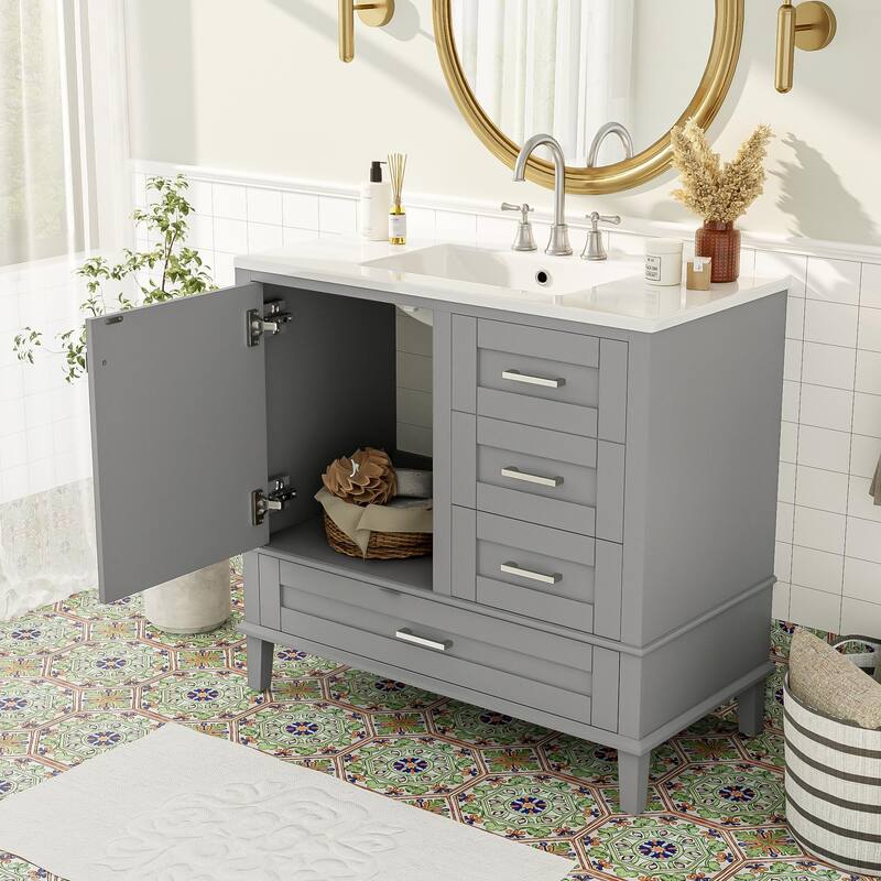 36" Bathroom Vanity with Solid Pine Frame, 1 Soft Close Door and 3 Drawers, Modern Storage Cabinet