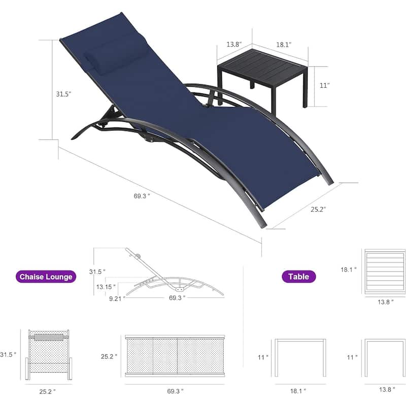 PURPLE LEAF Patio Chaise Lounge Set Outdoor Beach Pool Sunbathing Lawn Lounger Recliner Chair Side Table Included