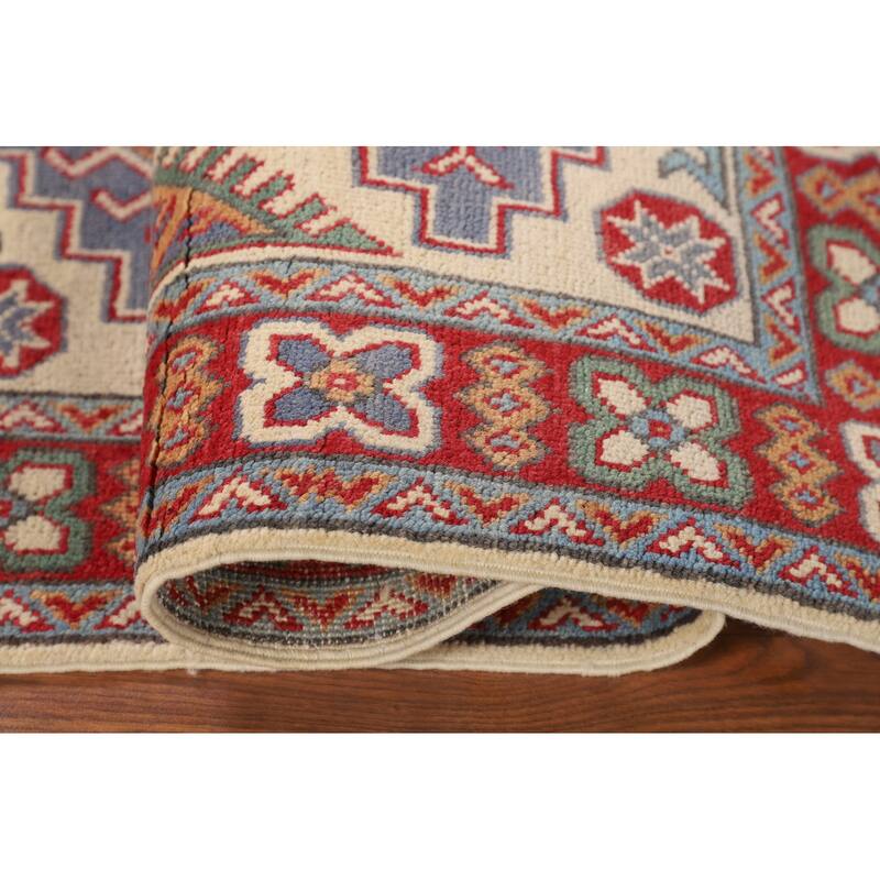 Ivory Geometric Kazak Accent Rug Hand-Knotted Wool Carpet - 2'7" x 4'3"