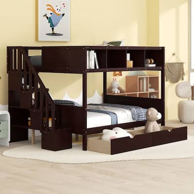 Twin Over Full Bunk Bed with Shelfs, Storage Staircase and 2 Drawers