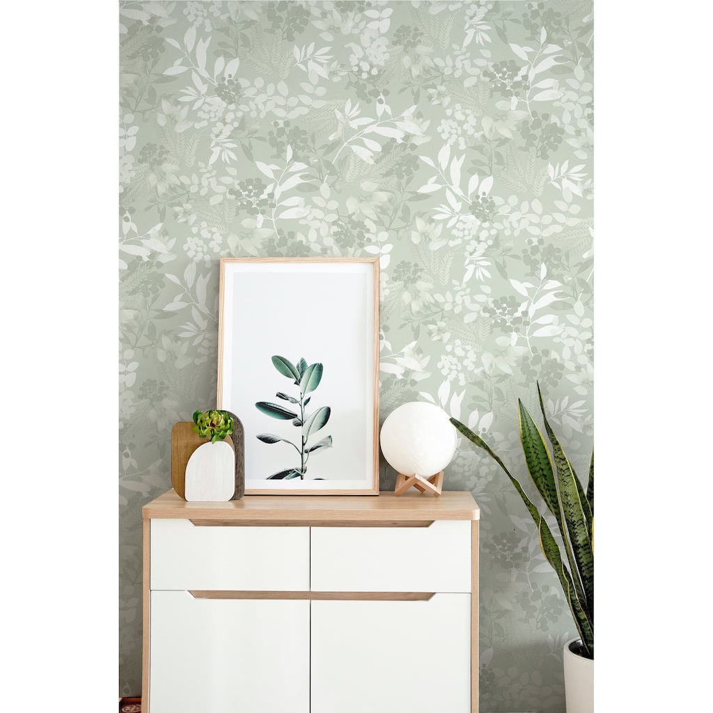 Soft Leaves Green Vinyl Wallpaper - 20.8 in. W x 33ft L - Double Roll
