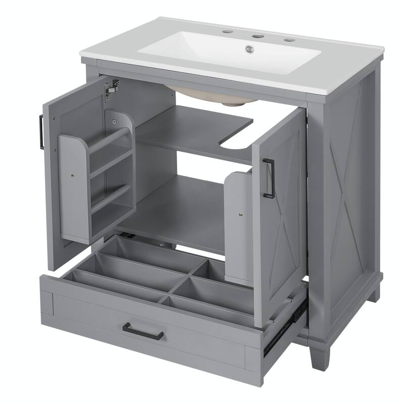 30" Bathroom Vanity - Solid Wood Frame, Single Sink, 2 Soft-Close Doors, Divided Drawer & Dual Storage Shelves