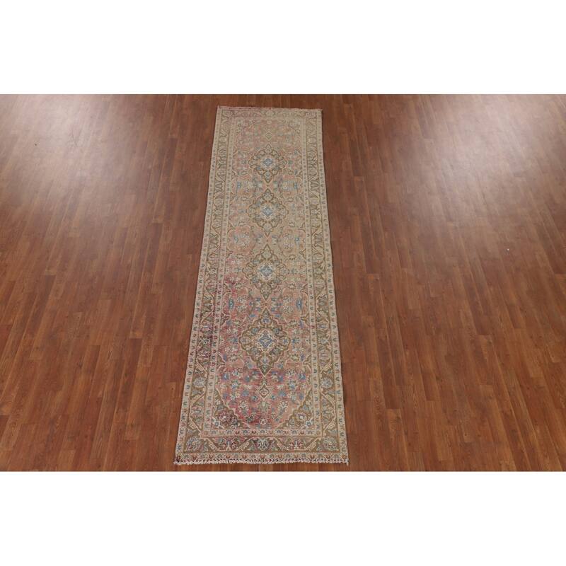 Kashan Persian Vintage Runner Rug Handmade Wool Carpet - 3'1"x 10'7"