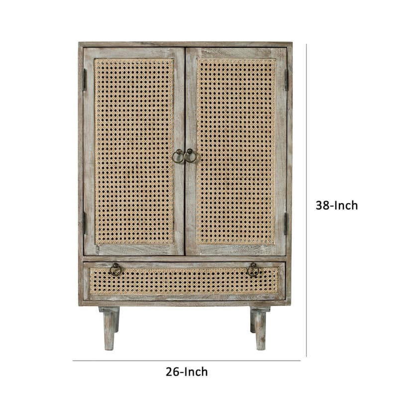 38 Inch 2 Door Cabinet, 1 Drawer, Acacia Wood, Cane Front, Weathered White