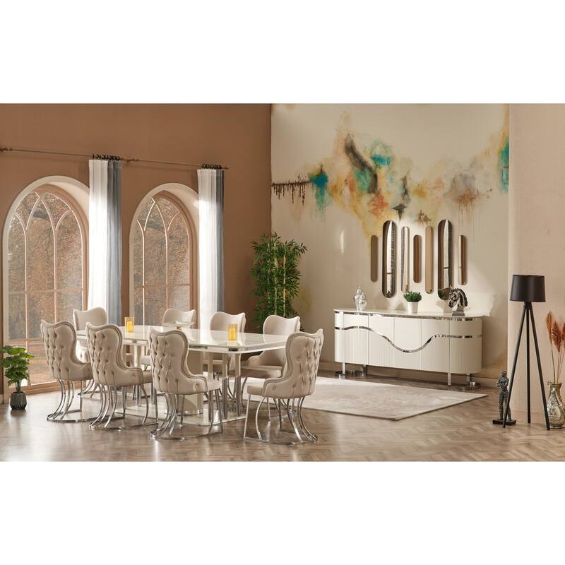 Porst Modern Dining Room Table And 8 Dining Room Chairs Set - Cream
