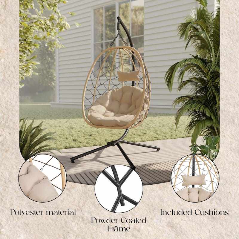 Summit Hanging Egg Swing Chair with Brown Frame & Foldable Shell for Home Patio Garden Backyard Porch