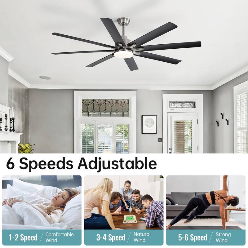 52 Inch/66 Inch/72 Inch Modern Ceiling Fan with Dimmable LED Light ,Remote&APP Control,8 Blades for Large Living Room,Porch