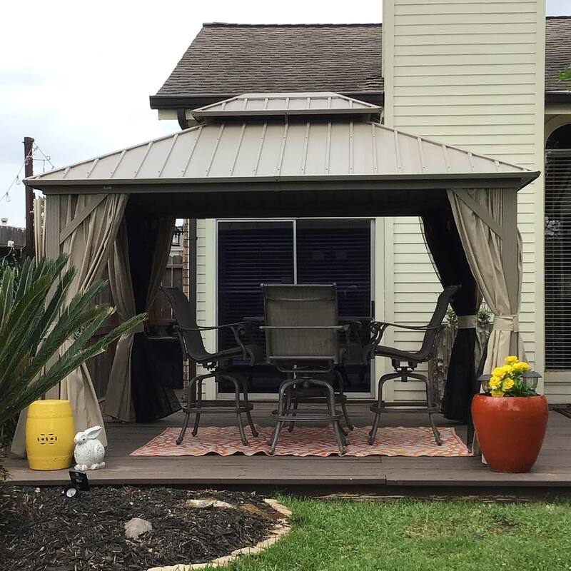 PURPLE LEAF Outdoor Hardtop Gazebo Champagne Metal Frame Galvanized Steel Double Roof with Curtains and Netting for Poolside