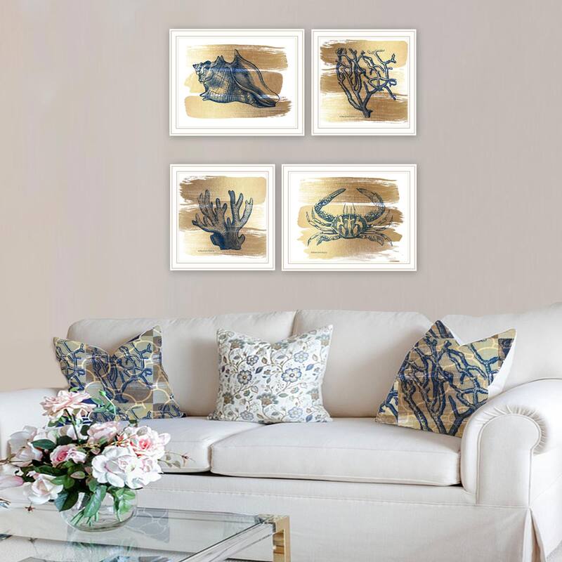 4-Piece Framed Wall Art Set - Gold Sea Collection, White Frame