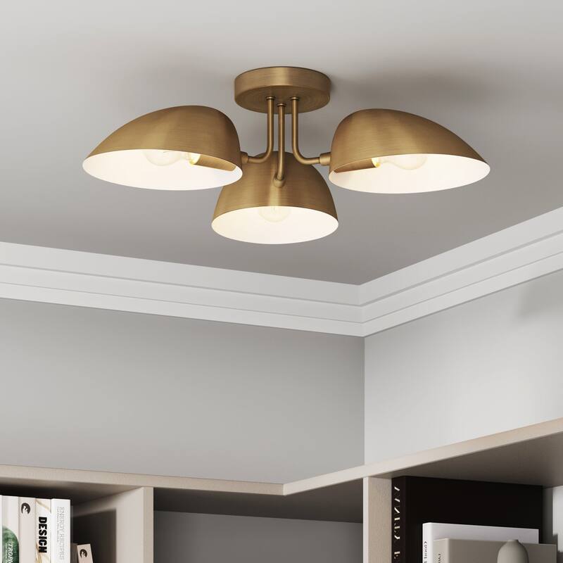 Nathan James Argo Semi Flush Ceiling Mount 3-Light Fixture with Retro Rounded Shade - Vintaged Brass