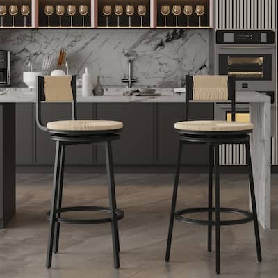 Set of 2 Handwoven Paper Rope Swivel Barstools with Footrest