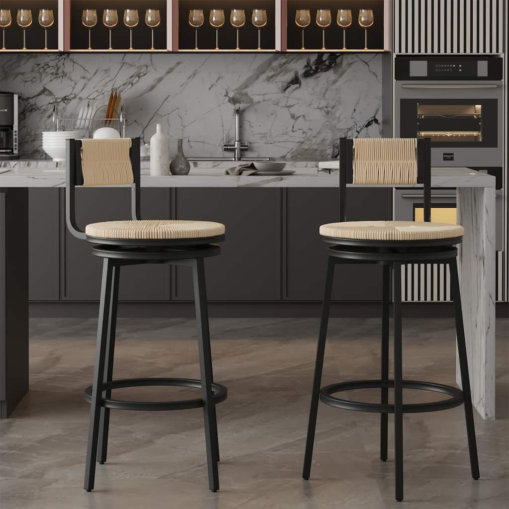 Set of 2 Handwoven Paper Rope Swivel Barstools with Footrest
