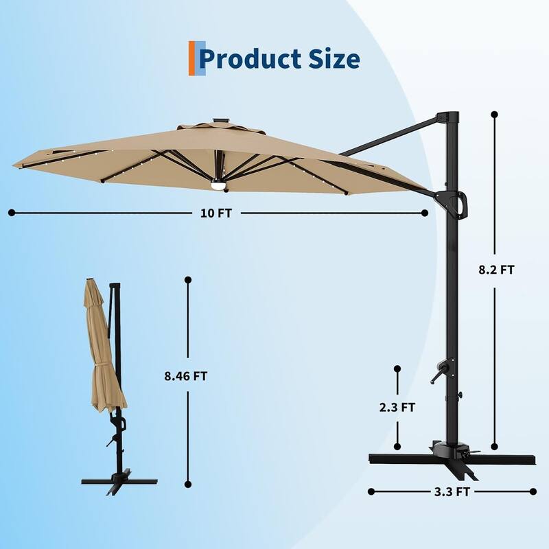 10FT Cantilever Patio Umbrella with Solar Lights, 360° Rotation Offset Umbrella