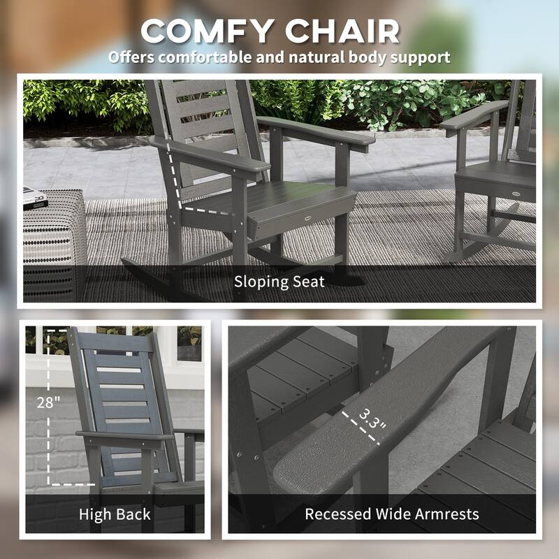 Set of 2 Outdoor Rocking Chairs Dark Gray HDPE Patio Porch Deck Garden Relaxing Seats - 25.6" W x 35" D x 40.6" H