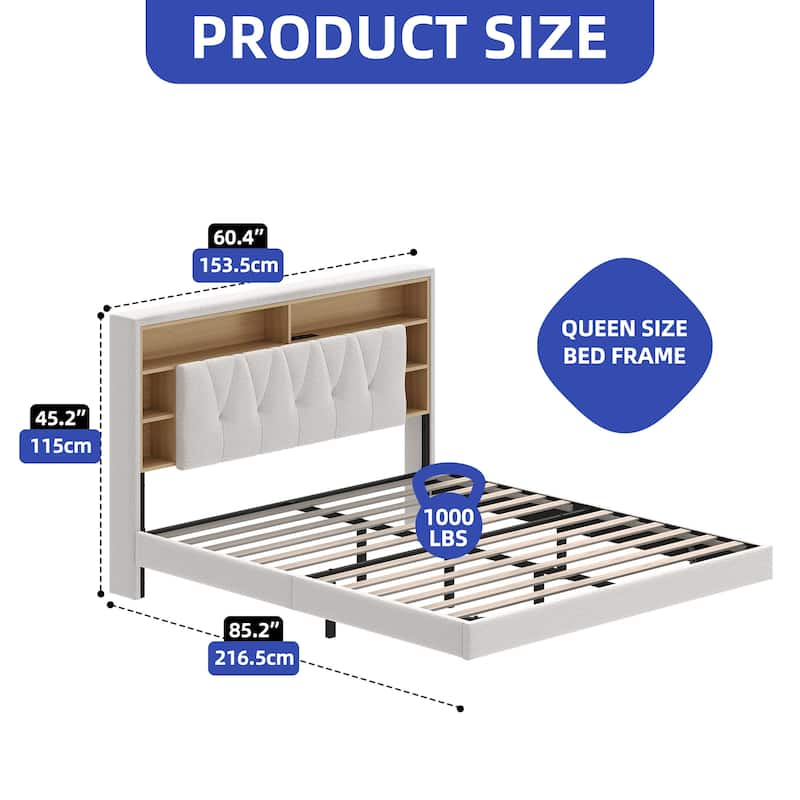King Size Floating Bed Frame with Bookcase Storage Headboard and RGB LED Lights
