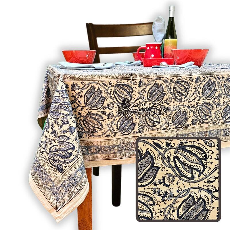Vegetable Dye Tulip Floral Block Print Tablecloth Collection