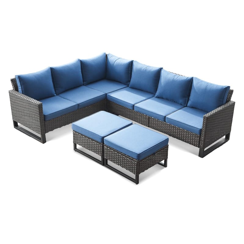 Outdoor Sectional Sofa Wicker Patio Conversation Sofa Set - Blue - Brown
