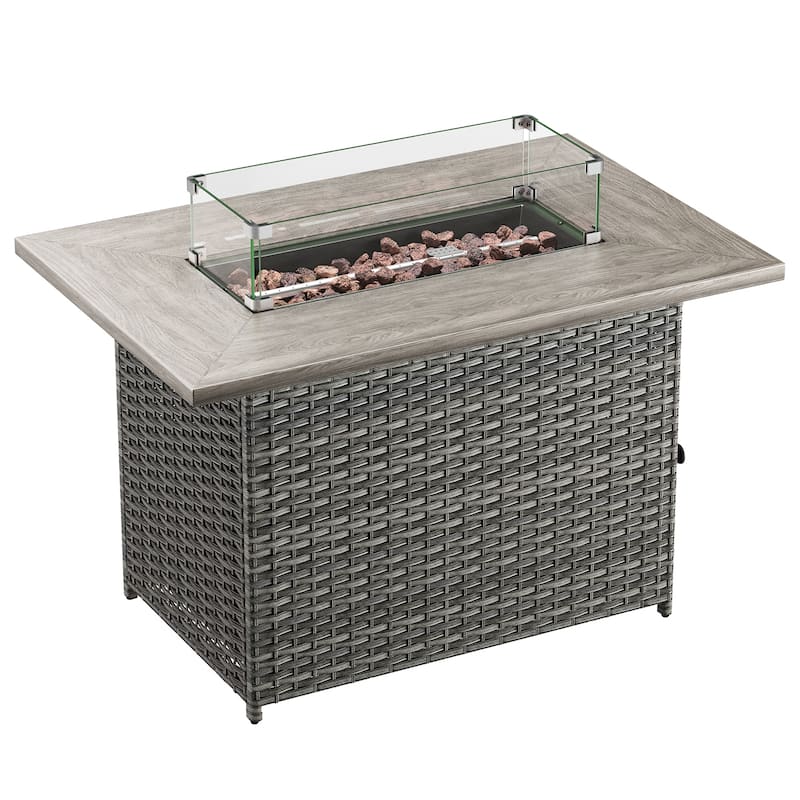 Meyreso 41 in. Rectangular Brown Wicker and Metal Propane Gas Outdoor Fire Pit Table with Lava Rocks, 50000 BTU