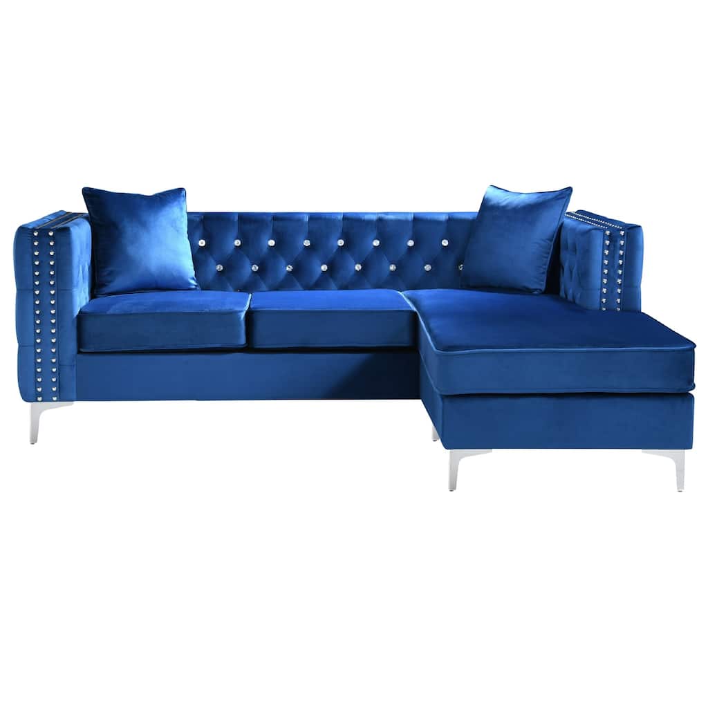 Tufted Velvet Sectional Sofa with Throw Pillows - 87" - Blue