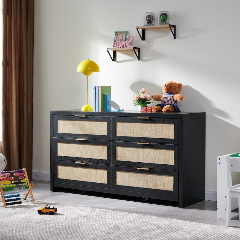 Elegant Right Angled Dresser with 6 Rattan Woven Drawers