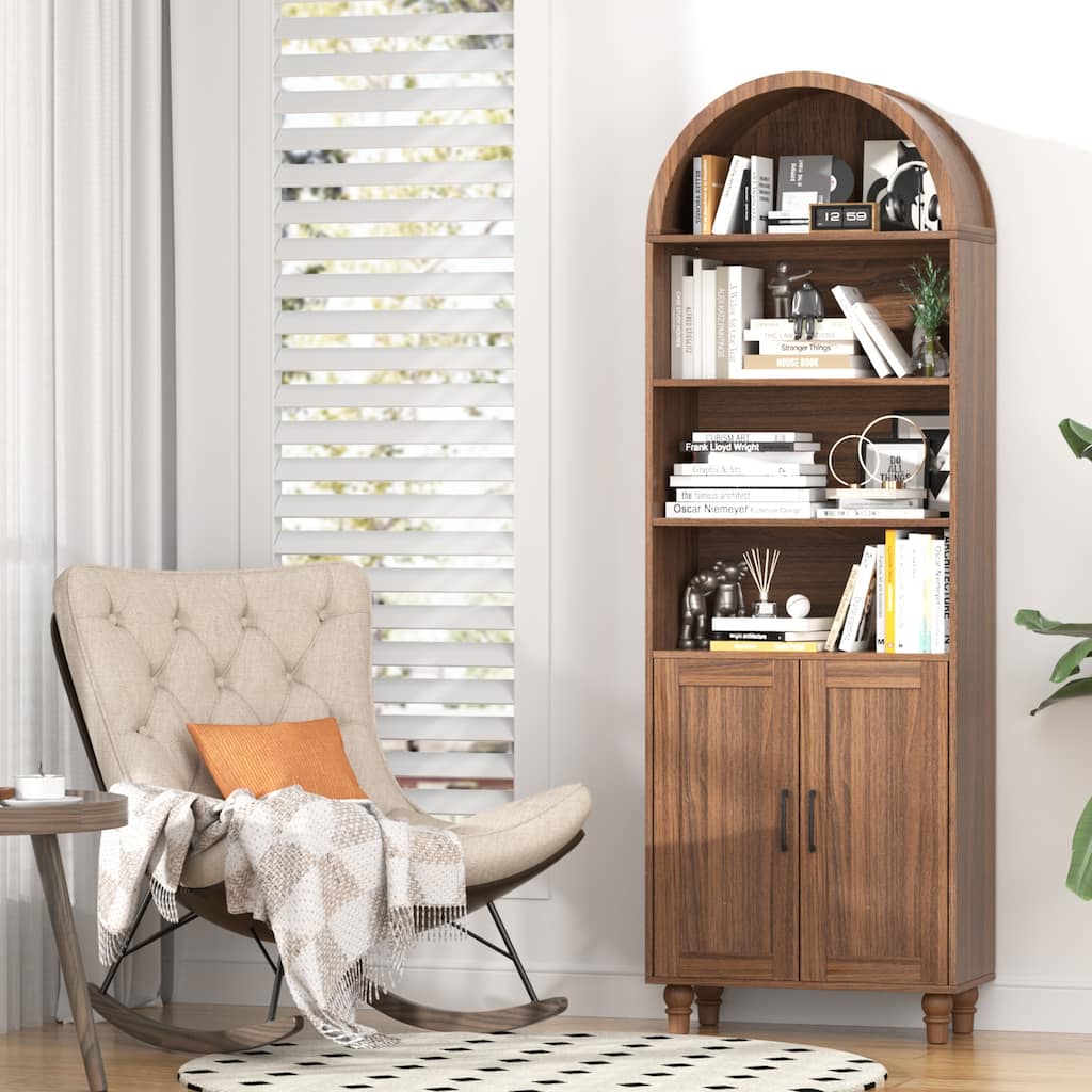 70" 6-Tier Arch Bookcase with Adjustable Shelves, Walnut Storage Cabinet for Living Room & Bedroom