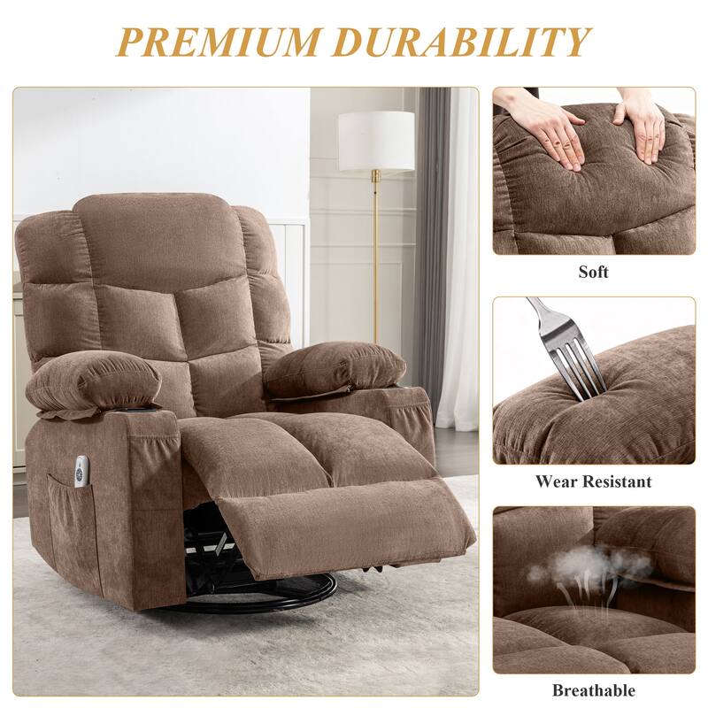 Oversized Massage Swivel Recliner Chair with Lumbar Heating for Living Room Rocker Recliner with Cup Holders and USB Charge Port