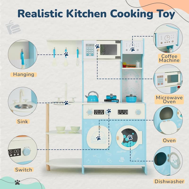 Wooden Play Kitchen Set for Kids, Pretend Cooking Toy, Interactive Kitchen Playset